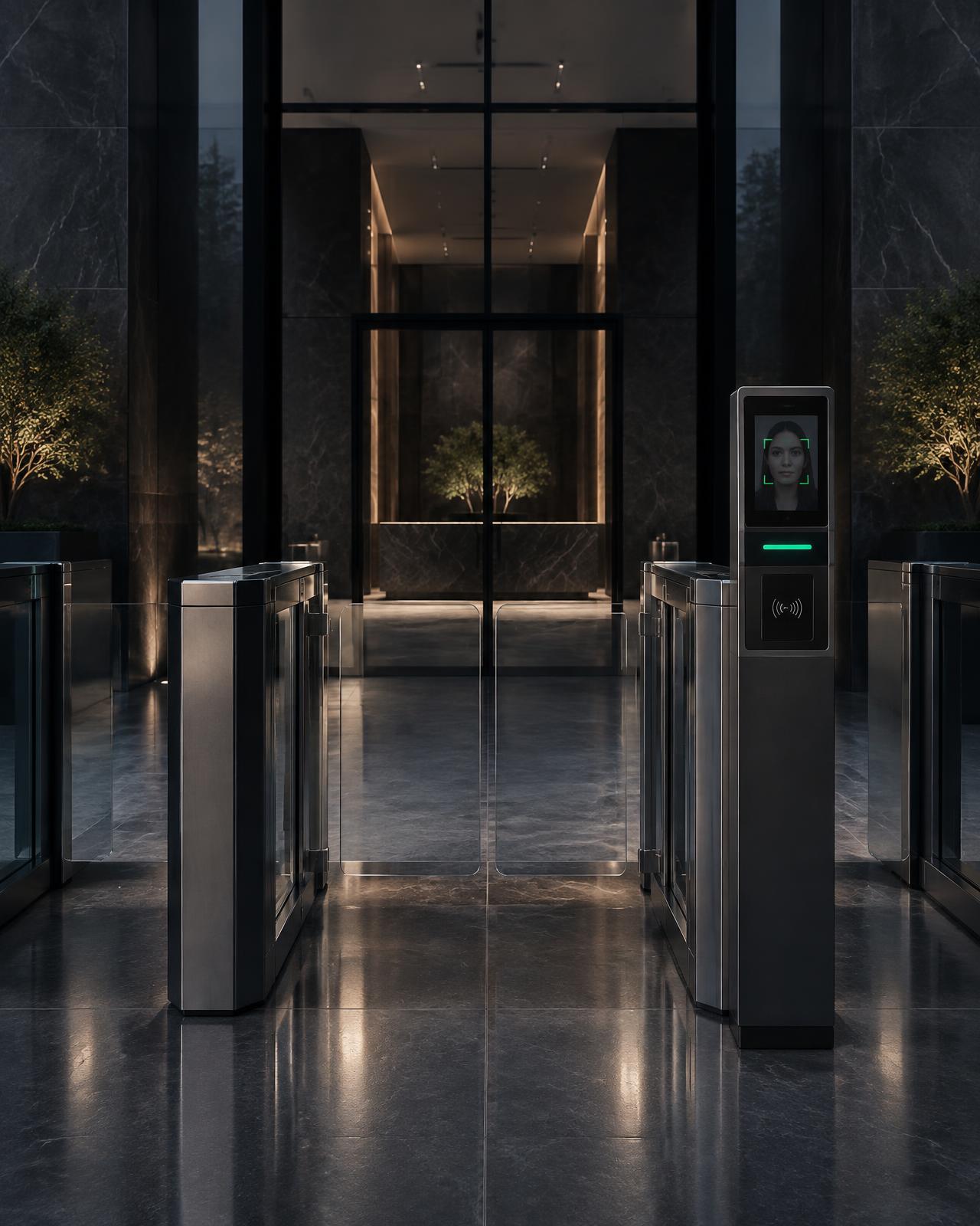 Acceso corporativo con reconocimiento facial y torniquetes de vidrio