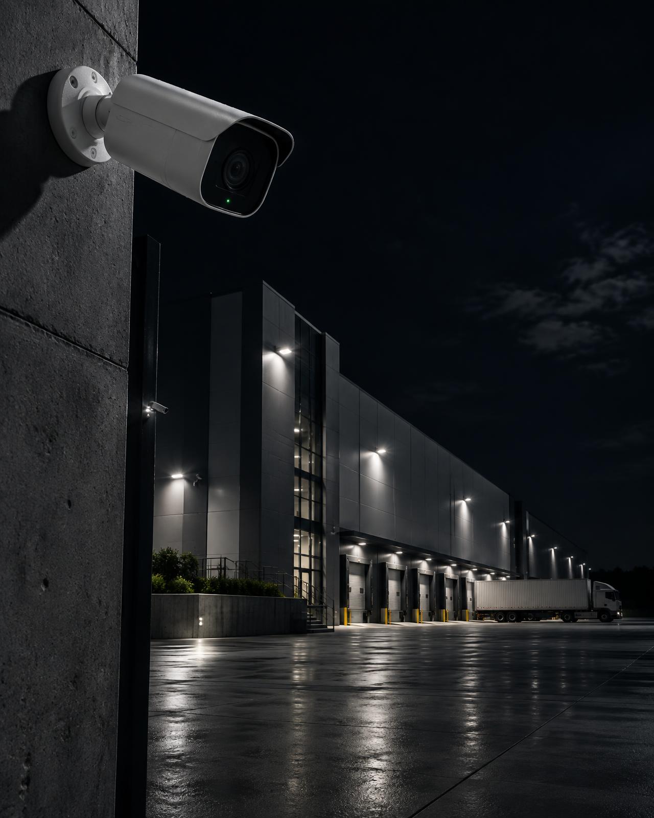 Cámara IP vigilando un centro de distribución empresarial