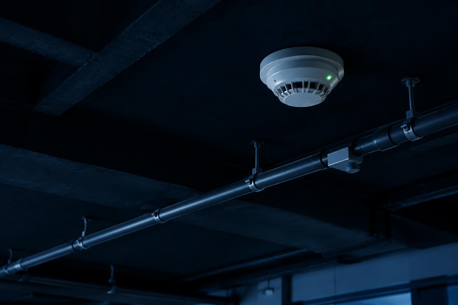 Detector de humo instalado en el cielo de una instalación empresarial