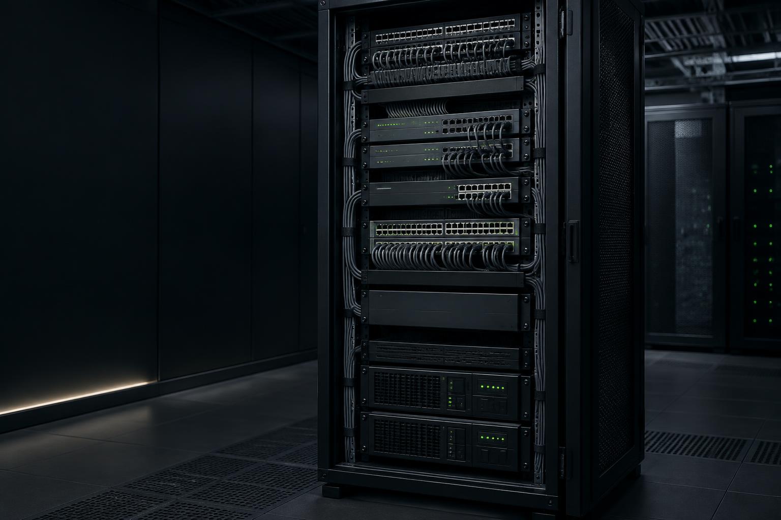 Rack empresarial profesional con cableado estructurado, switches PoE y respaldo de energía